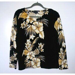 Womens top/sweater pullover Hibiscus Leaf print Aloha Sz L Black tan Pierri NY